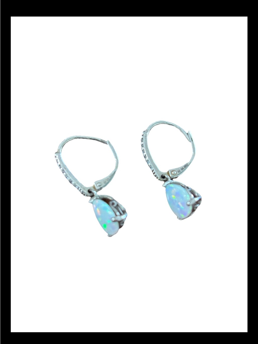 Silver Opal Teardrop Leverback Earrings - White Opal